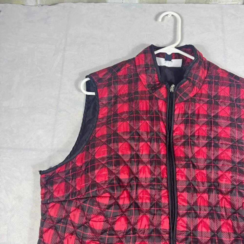 Karen Scott Sport‎ Quilted Puffer Vest Womens Red Black Buffalo Plaid Size 2X